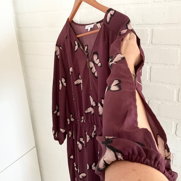 Warehouse One Dress Butterflies Print Burgundy Plum Cut out long sleeve Sz 3X - Picture 5 of 11